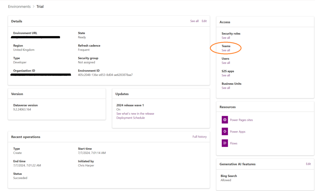 screen shot of the envirnment settings screen