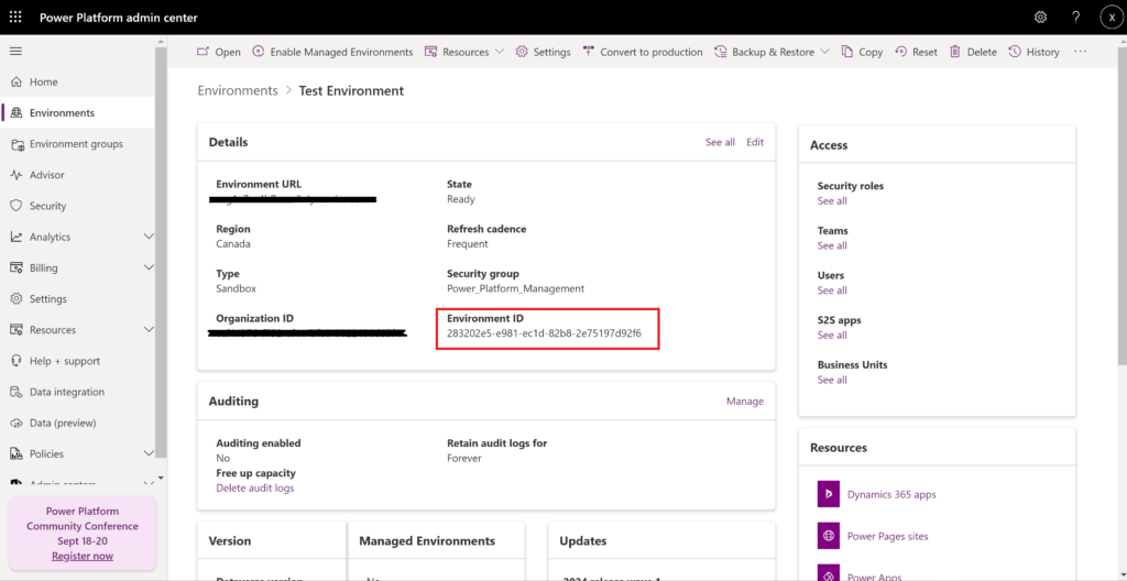 image of an environment viewed in the power platform admin centre