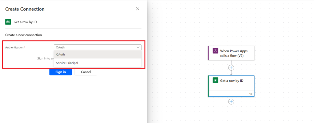 screen view 2.setting up a service principal connection reference