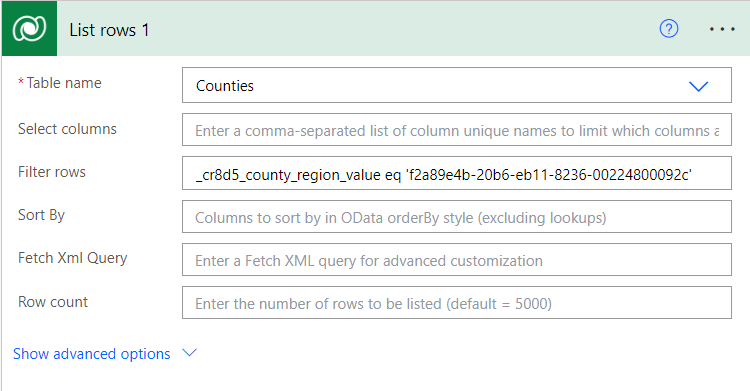 image of list rows action for dataverse