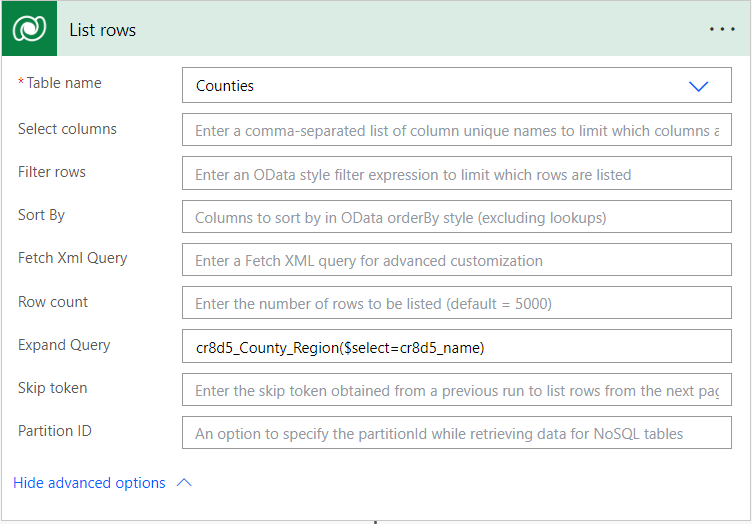 image of list rows action and the expany query feature adding data from a related table