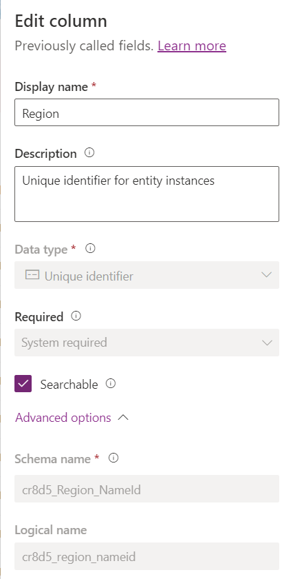 image of the dataverse region column