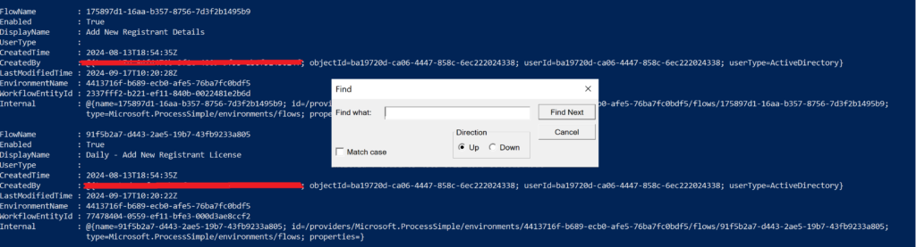 image of the data returned from the powershell command