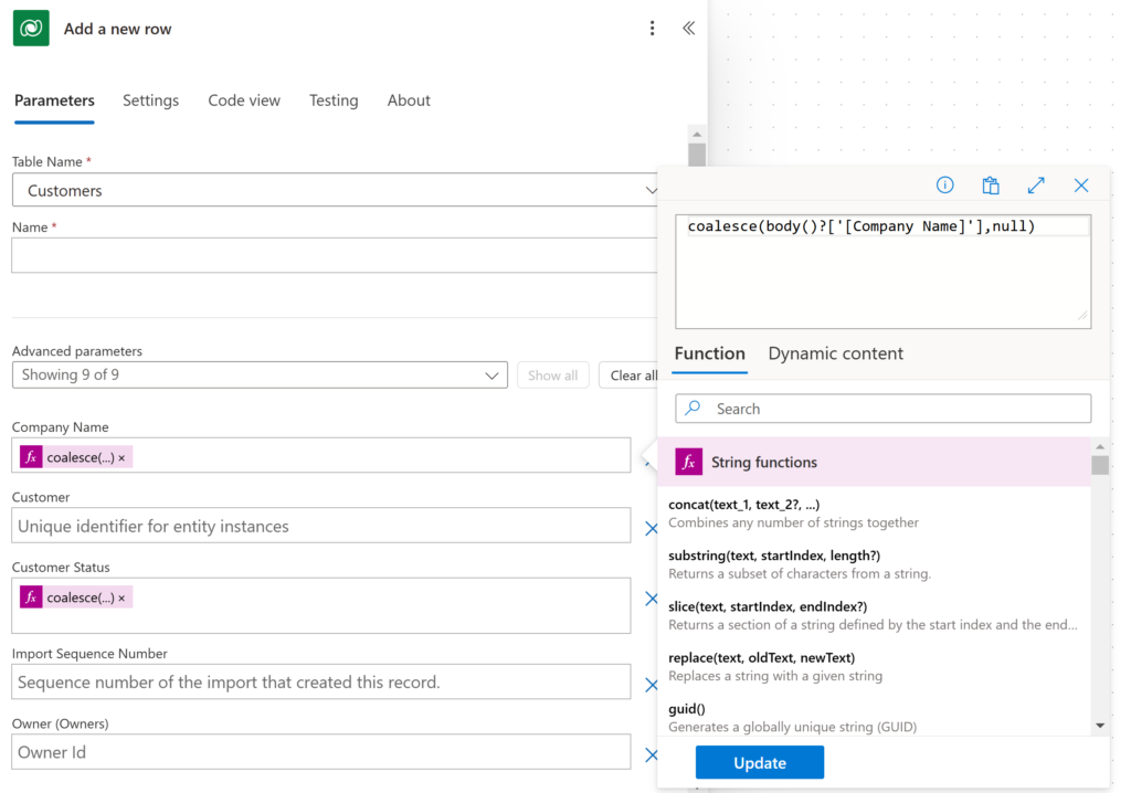 Image of using the coalesce function in Dataverse