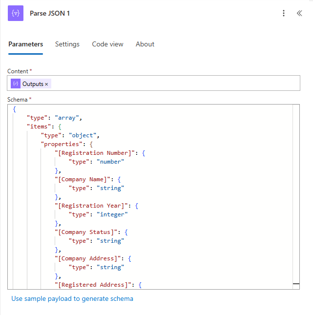 image of the Parse JSON action with its schema