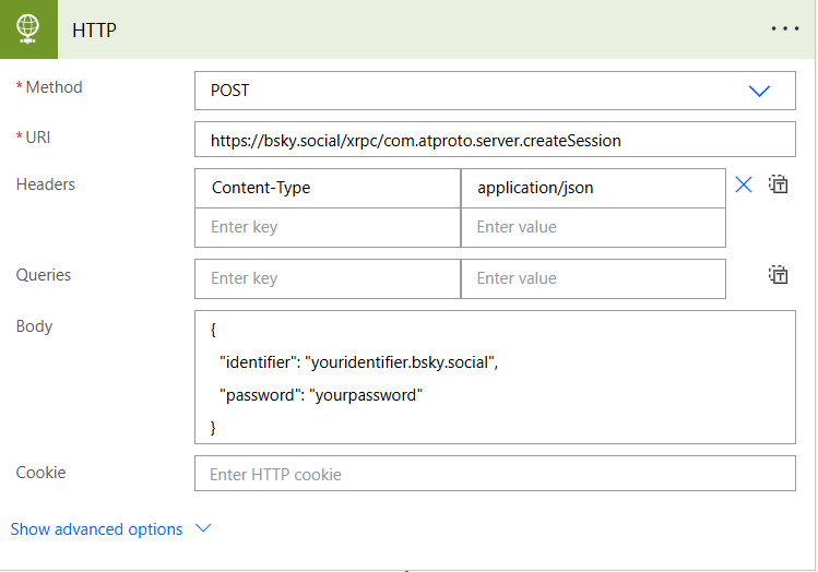 image of power automate http action to get the bluesky token