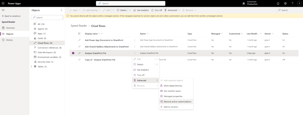how to delete an unmanaged layer from the solution vew