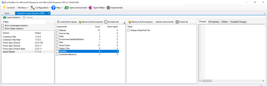 screen shot of the Solution Layers Explorer tool in the XRM Toolbox